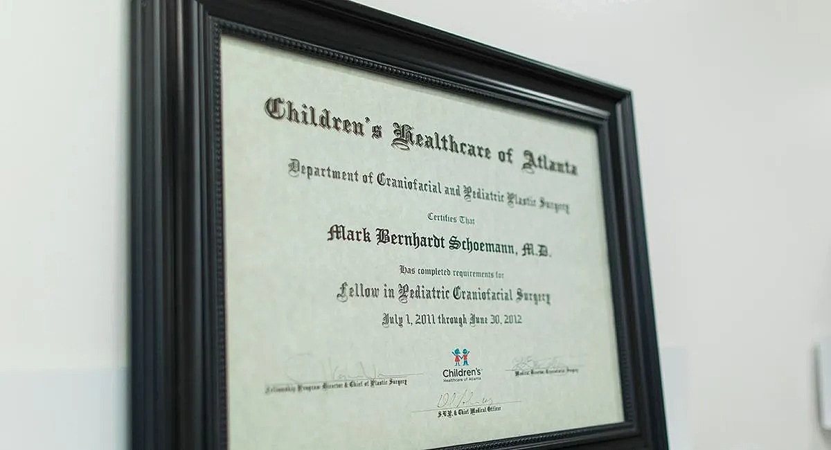 Certification in Pediatric Craniofacial Surgery framed.