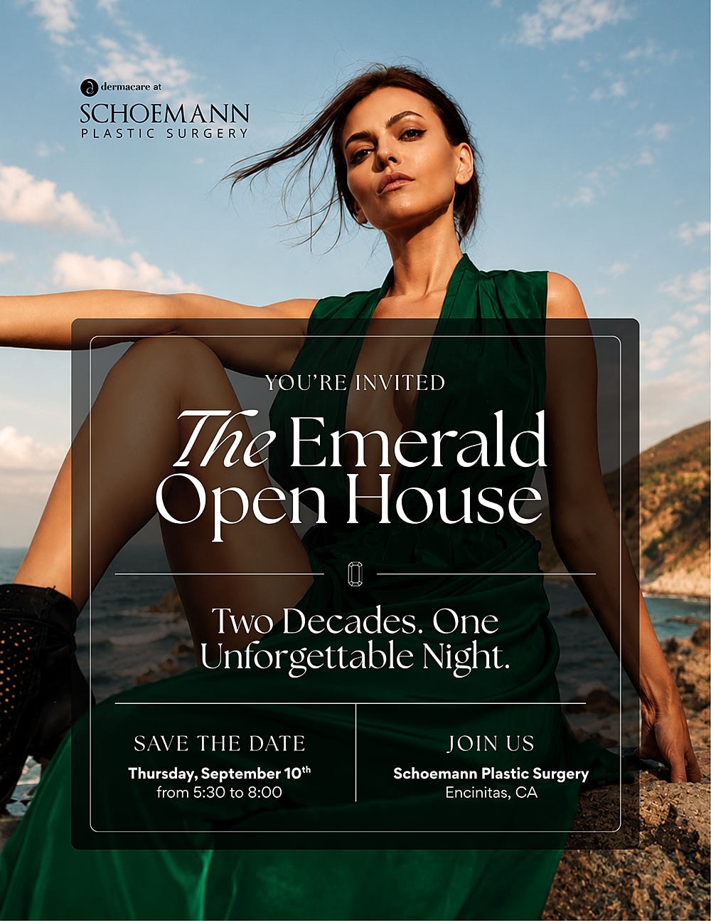 Emerald Open House invitation with model by ocean.